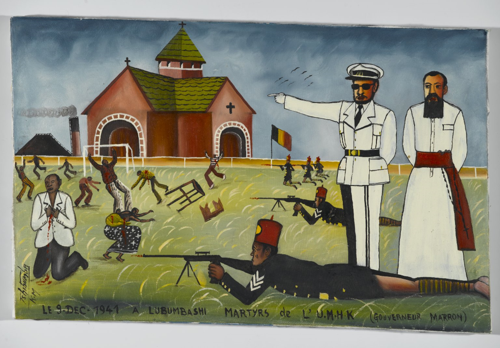 Tshibumba Kanda Matulu (1975), "Les Martyrs de l'Union minière du Haut Katanga" (Répression de la grève du 9 décembre 1941), Brooklyn Museum.